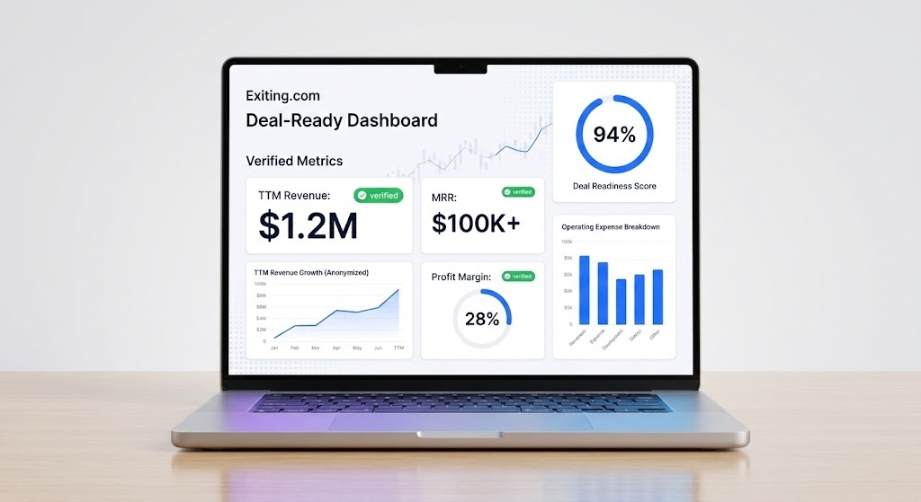 Exiting.com Deal-Ready Dashboard showing verified metrics, revenue growth, and deal readiness score on a laptop