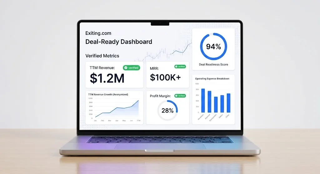 Exiting.com Deal-Ready Dashboard showing verified metrics, revenue growth, and deal readiness score on a laptop