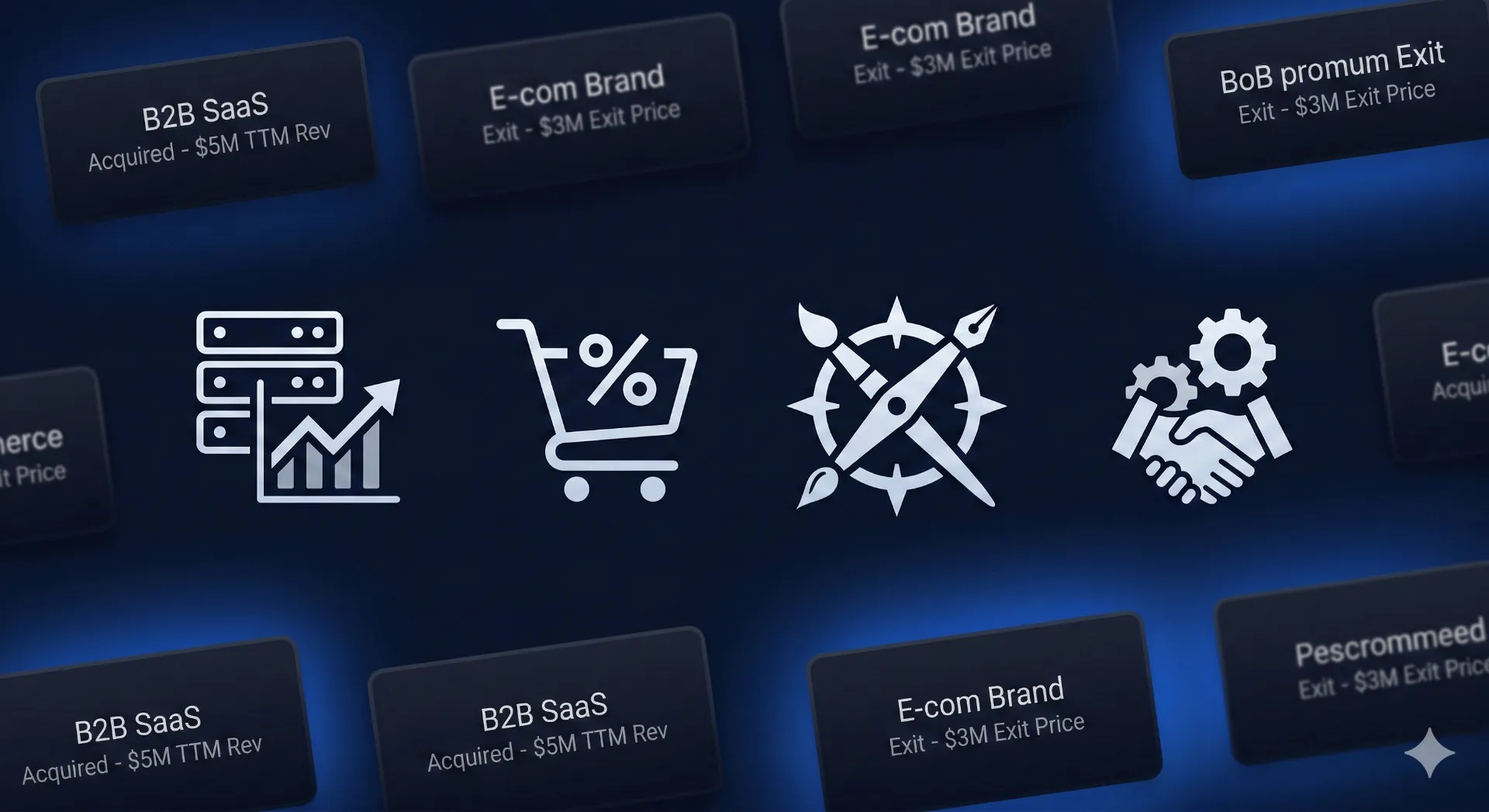 Industry icons representing SaaS, eCom, Content, and Agency deal types with transaction tombstones