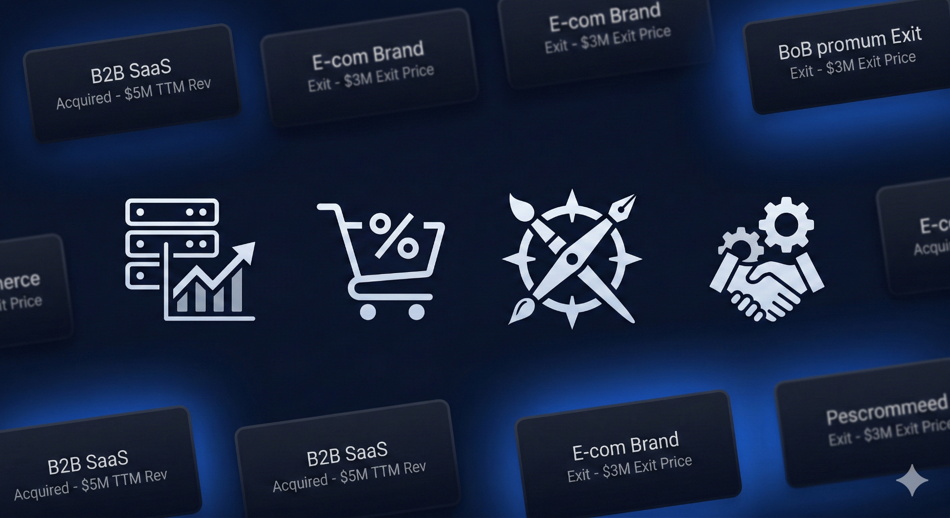 Industry icons representing SaaS, eCom, Content, and Agency deal types with transaction tombstones